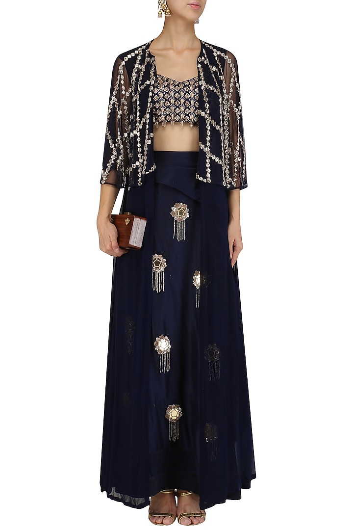 Midnight blue cutdana work blouse, skirt and cape set available only at Pernia's Pop Up Shop.