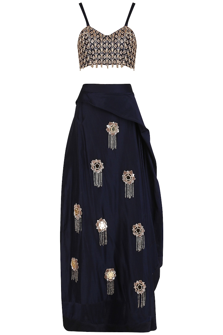 Midnight blue cutdana work blouse, skirt and cape set available only at Pernia's Pop Up Shop.