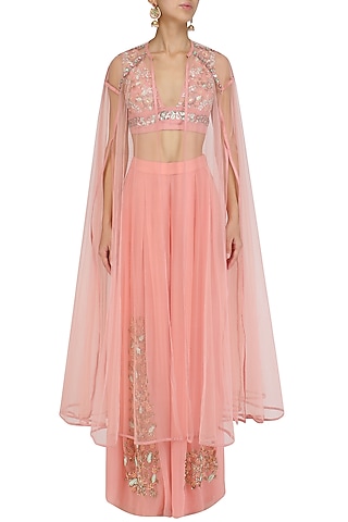 Blush Pink Embroidered Blouse, Palazzo Pants and Cape Set by Mani Bhatia