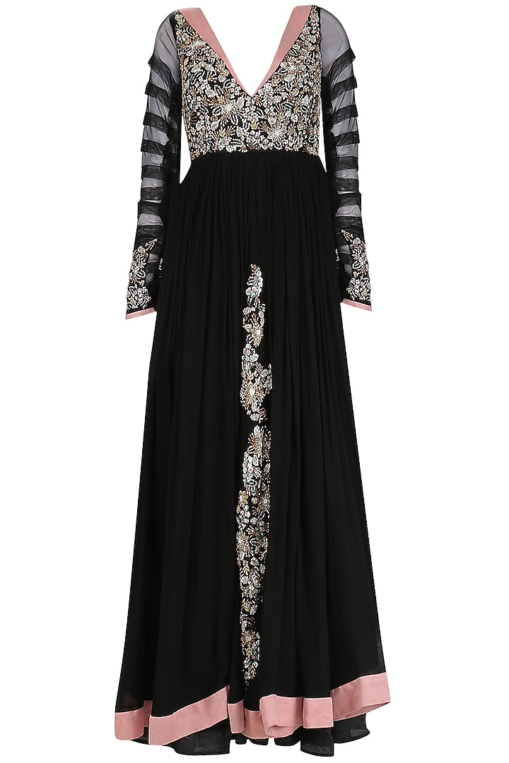 Black Sequins Embroidered Rouched Anarkali Set by Mani Bhatia