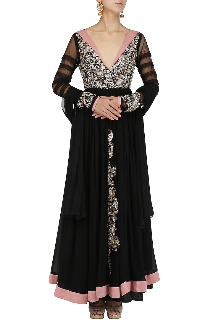 Black sequins embroidered rouched anarkali set available only at Pernia's Pop Up Shop.
