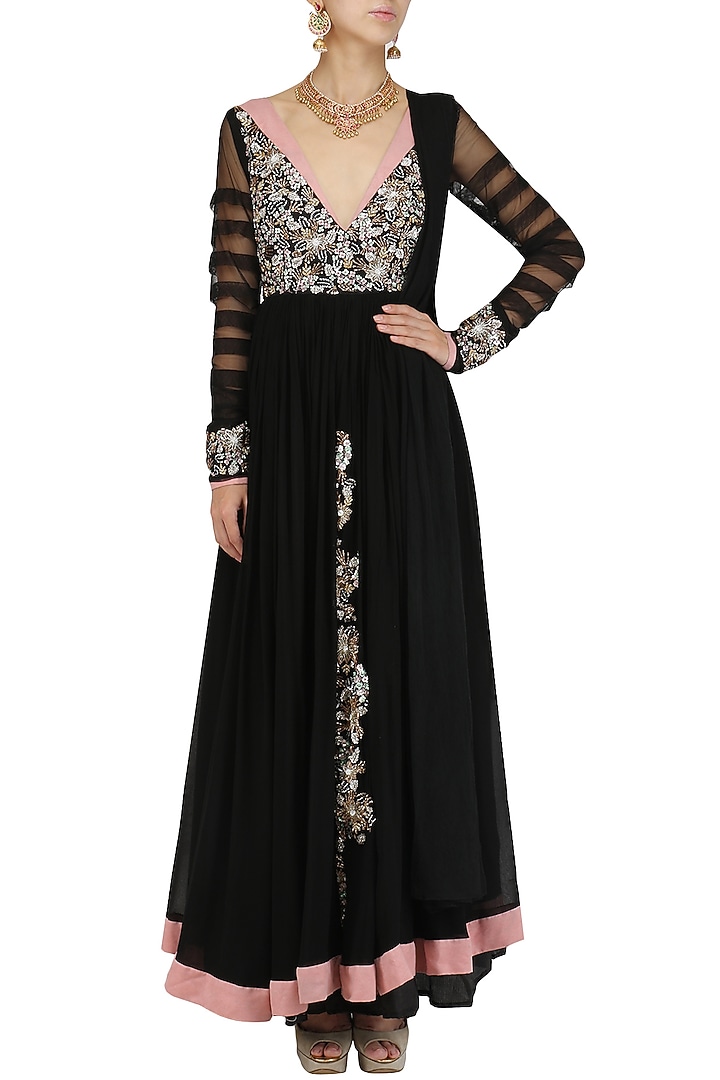 Black sequins embroidered rouched anarkali set available only at Pernia's Pop Up Shop.
