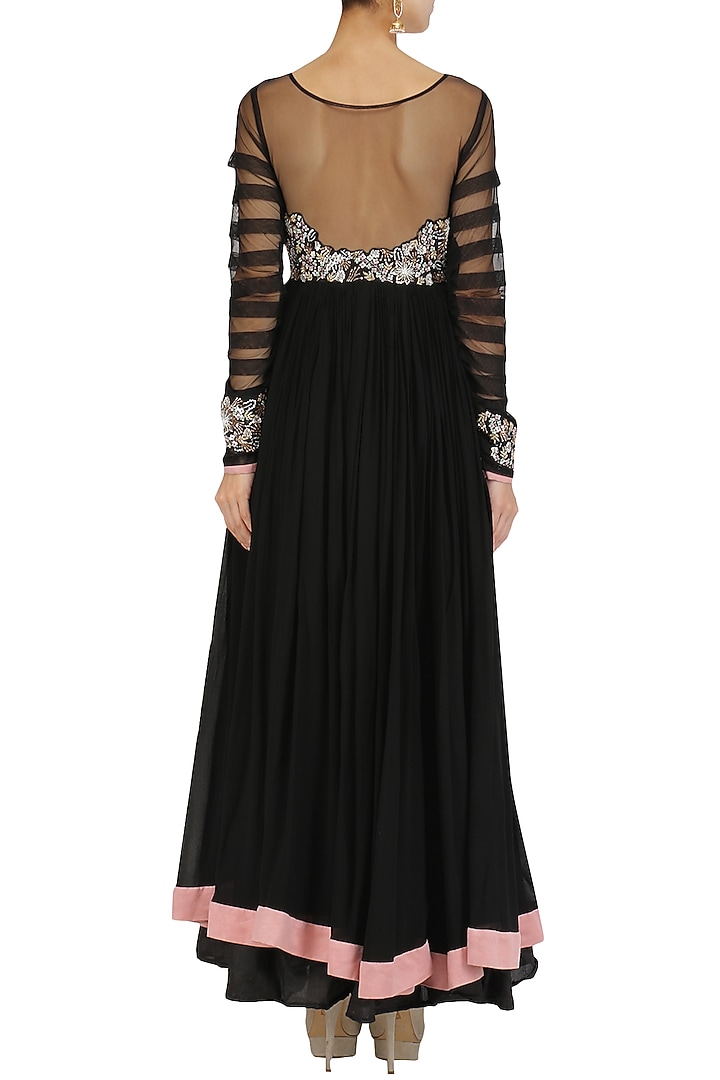 Black sequins embroidered rouched anarkali set available only at Pernia's Pop Up Shop.