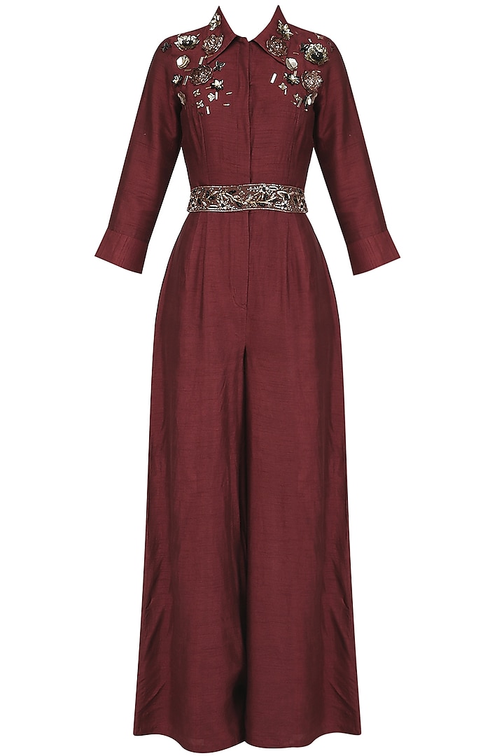 Maroon 3D Sequins Embellished Jumpsuit with Belt by Mani Bhatia