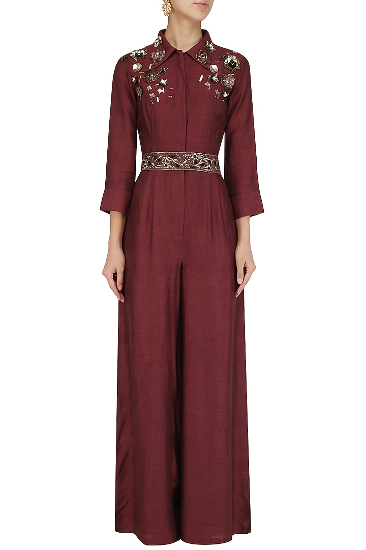 Maroon 3D sequins embellished jumpsuit with belt available only at Pernia's Pop Up Shop.