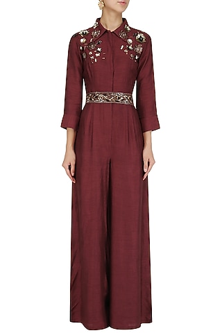 Maroon 3D Sequins Embellished Jumpsuit with Belt by Mani Bhatia