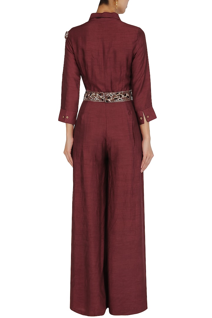 Maroon 3D sequins embellished jumpsuit with belt available only at Pernia's Pop Up Shop.