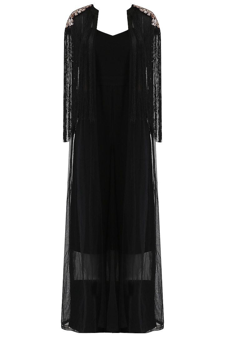 Black Jumpsuit and Embroidered Cape Set by Mani Bhatia