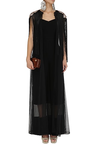Black Jumpsuit and Embroidered Cape Set by Mani Bhatia