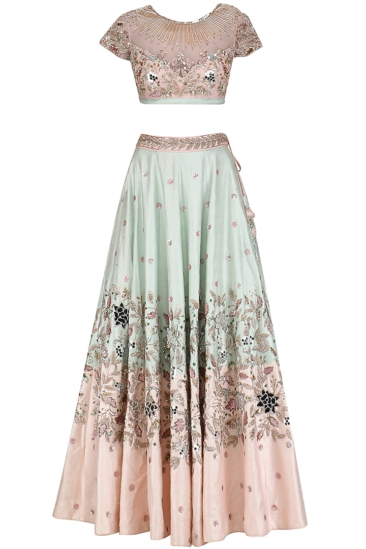 Pink and aqua green mirror embroidered lehenga set available only at Pernia's Pop Up Shop.