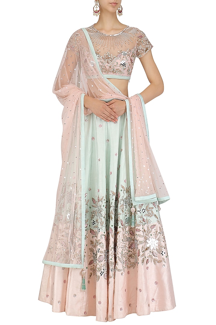 Pink and aqua green mirror embroidered lehenga set available only at Pernia's Pop Up Shop.