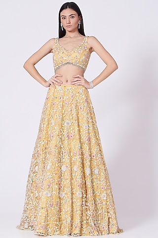 Sunshine Yellow Zardosi Embroidered Lehenga Set by mani bhatia-MORE FROM Mani Bhatia