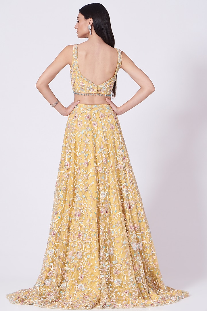 Sunshine Yellow Zardosi Embroidered Bridal Lehenga Set by Mani Bhatia at Pernia's Pop Up Shop