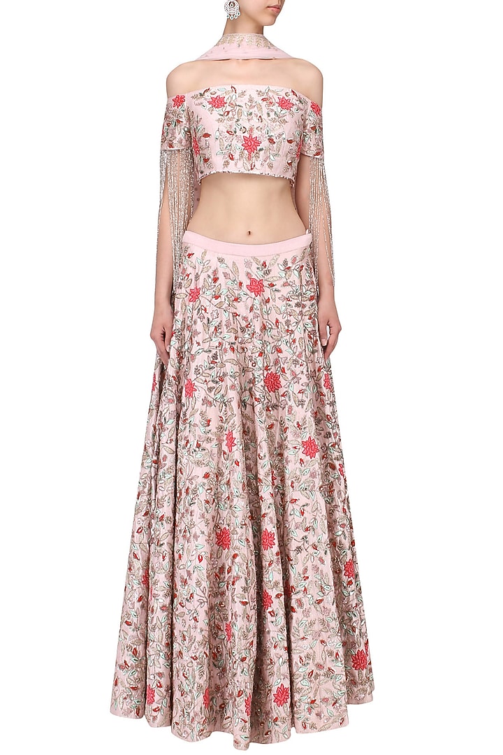 Pink floral embroidered lehenga set available only at Pernia's Pop Up Shop.