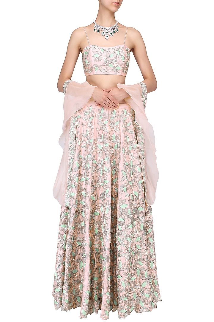 Pink and green embroidered lehenga set available only at Pernia's Pop Up Shop.
