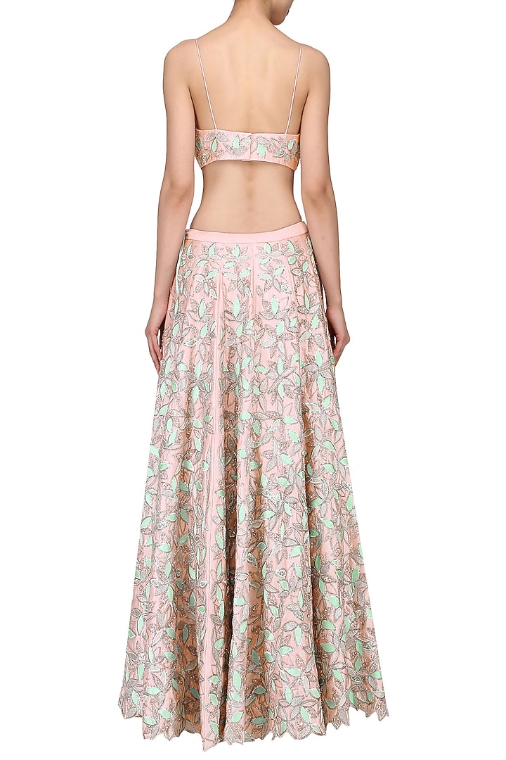 Pink and green embroidered lehenga set available only at Pernia's Pop Up Shop.