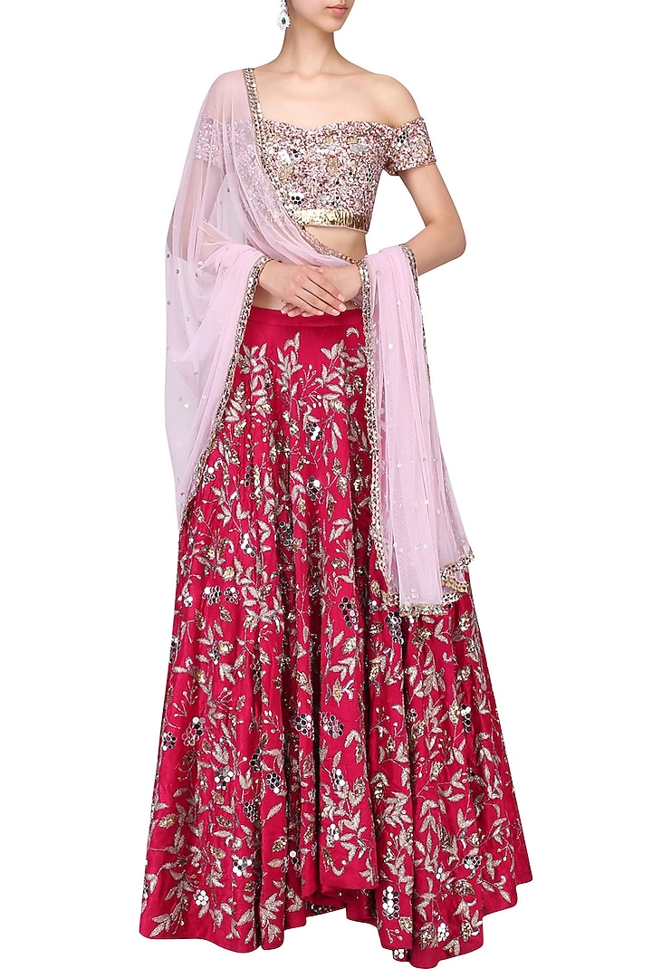 Pink and red embroidered lehenga set available only at Pernia's Pop Up Shop.