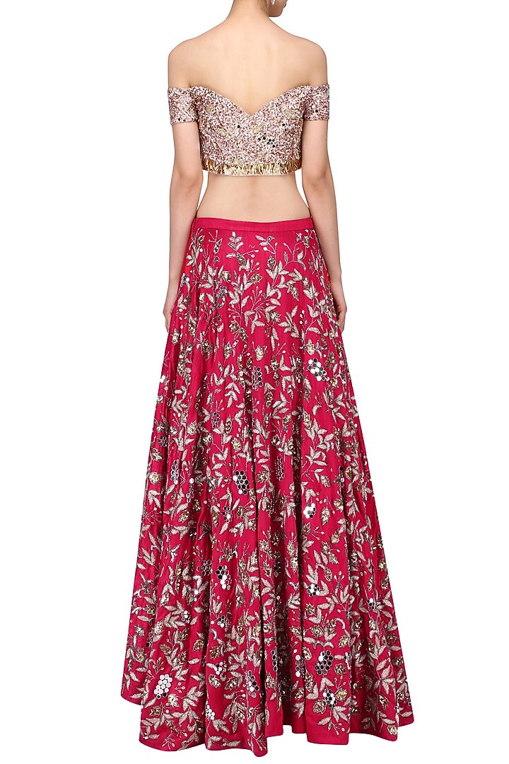 Pink and red embroidered lehenga set available only at Pernia's Pop Up Shop.