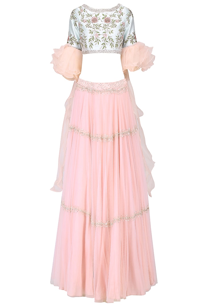 Aqua blue ruffled blouse with pink lehenga set available only at Pernia's Pop Up Shop.