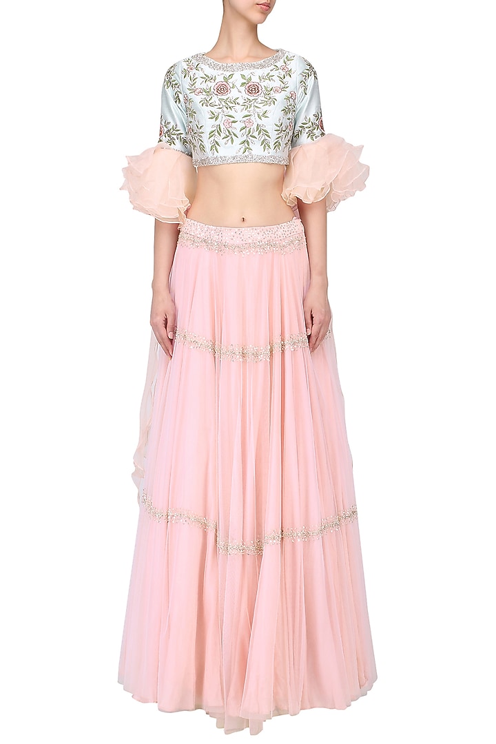 Aqua blue ruffled blouse with pink lehenga set available only at Pernia's Pop Up Shop.