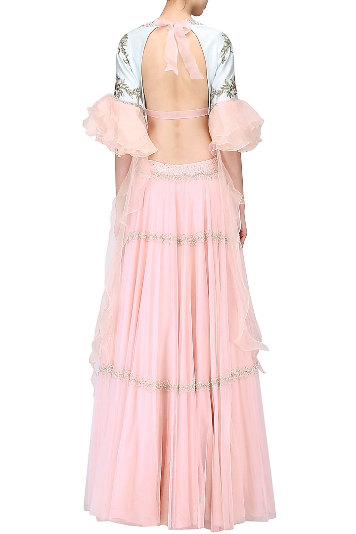 Aqua blue ruffled blouse with pink lehenga set available only at Pernia's Pop Up Shop.
