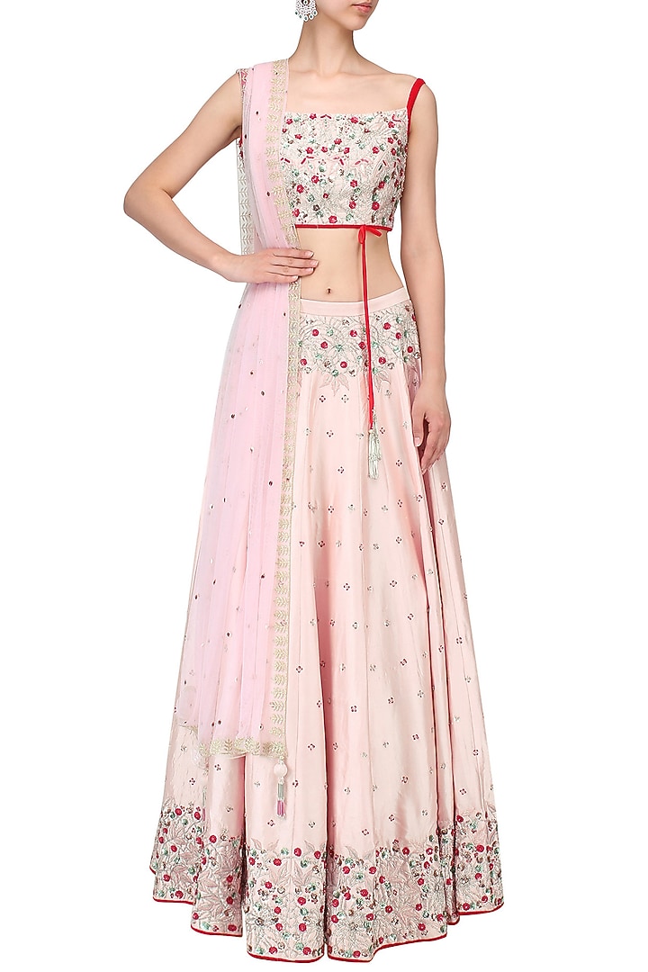 Powder pink embroidered lehenga set available only at Pernia's Pop Up Shop.