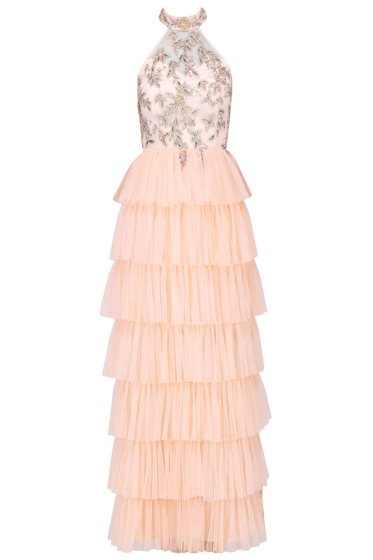 Peach ruffle layered dress by Mani Bhatia