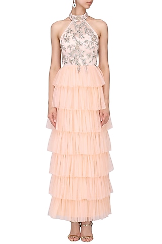 Peach ruffle layered dress by Mani Bhatia