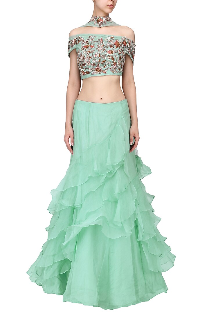 Mint green embroidered lehenga set available only at Pernia's Pop Up Shop.
