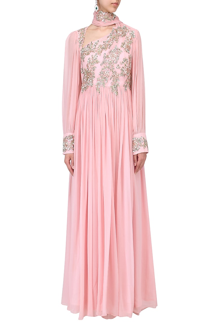 Pink rouched drape anarkali available only at Pernia's Pop Up Shop.