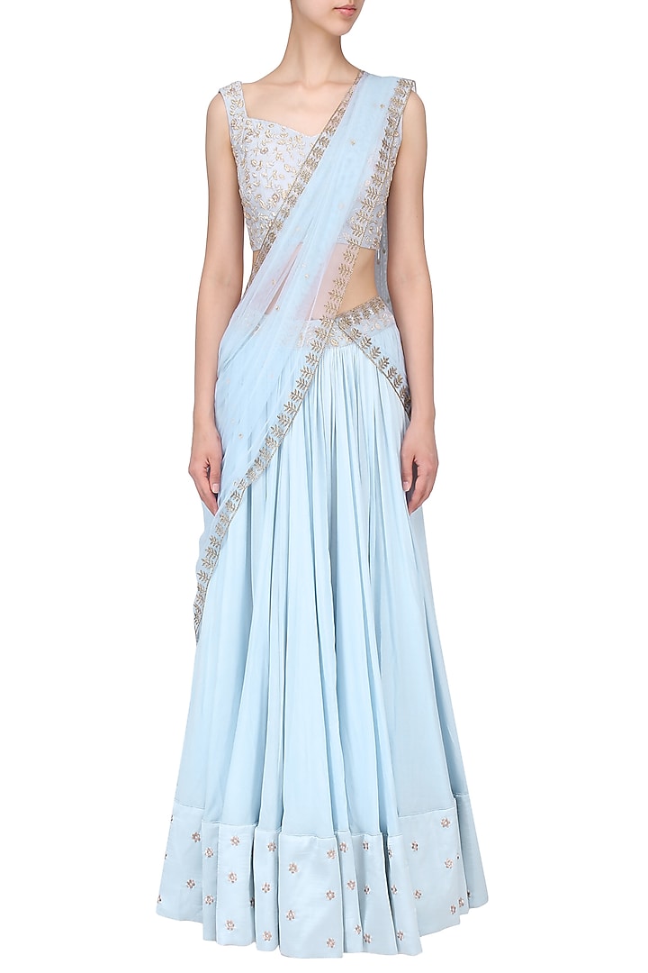 Ice blue embroidered lehenga set available only at Pernia's Pop Up Shop.