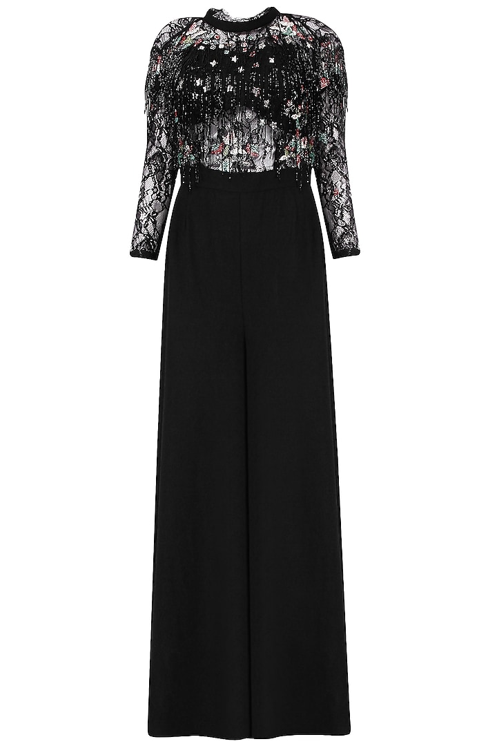 Black Embroidered Fringe Jumpsuit by Mani Bhatia