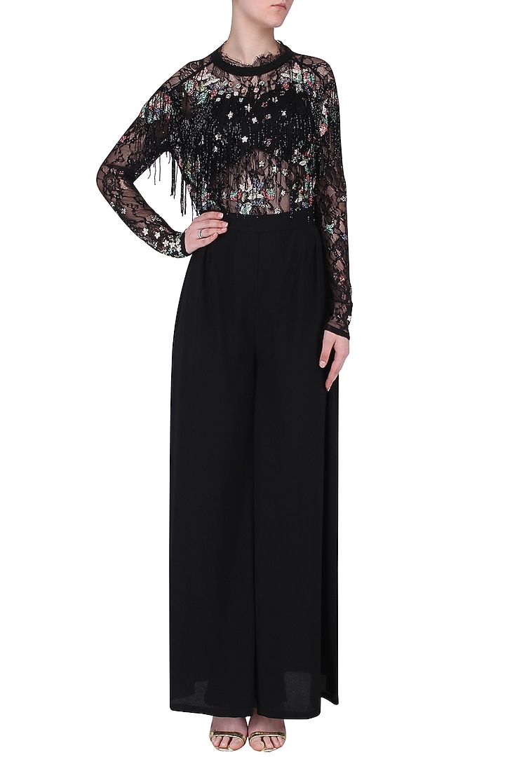 Black embroidered fringe jumpsuit available only at Pernia's Pop Up Shop.