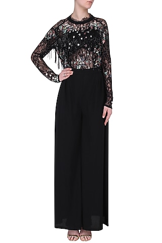 Black Embroidered Fringe Jumpsuit by Mani Bhatia