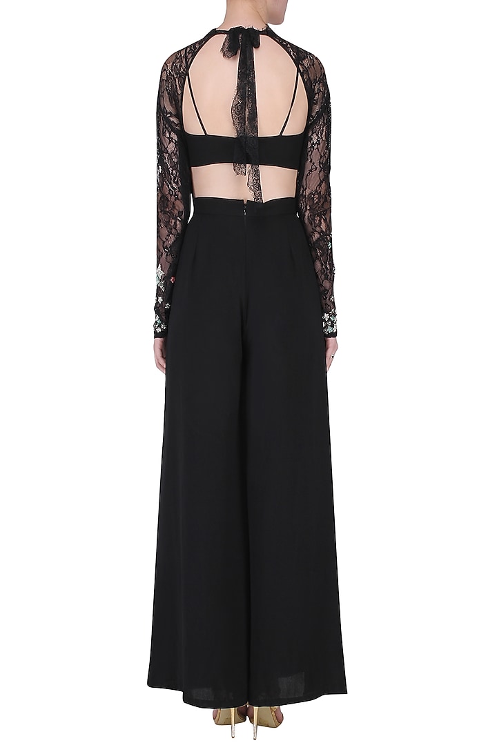 Black embroidered fringe jumpsuit available only at Pernia's Pop Up Shop.