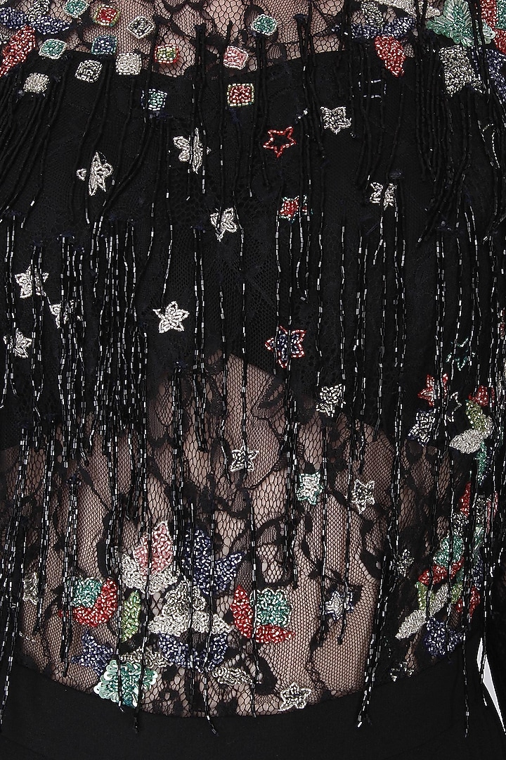Black embroidered fringe jumpsuit available only at Pernia's Pop Up Shop.