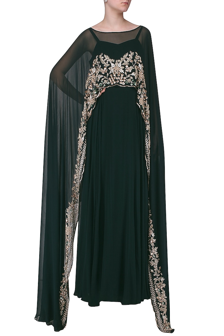 Dark green embroidered cape anarkali available only at Pernia's Pop Up Shop.