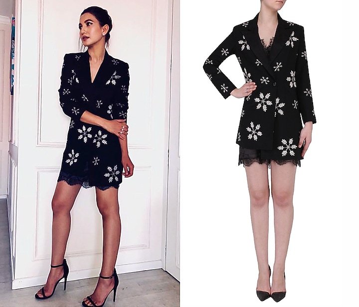 Black embroidered blazer and slip dress available only at Pernia's Pop Up Shop.