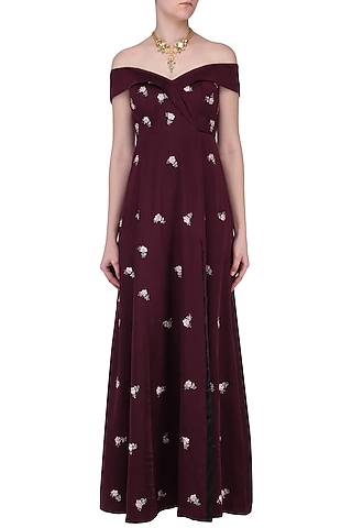 Maroon Embroidered Gown by Mani Bhatia