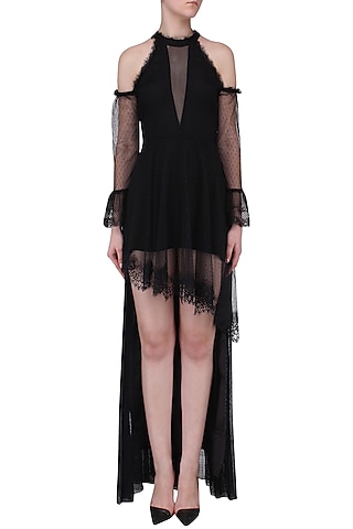 Black Lace High-Low Satin Dress by Mani Bhatia