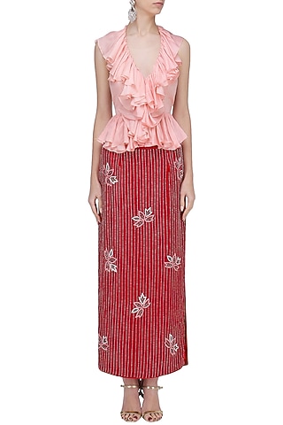 Baby Pink Ruffle Blouse and Red Velvet Skirt by Mani Bhatia