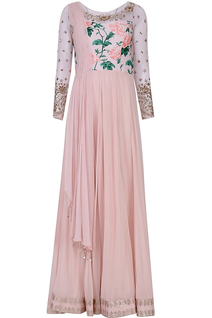 Pink Floral Embroidered Anarkali with Attached Drape by Mani Bhatia