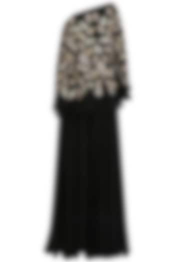 Black Leaf Embroidered One Shoulder Cape with Palazzo Pants by Mani Bhatia