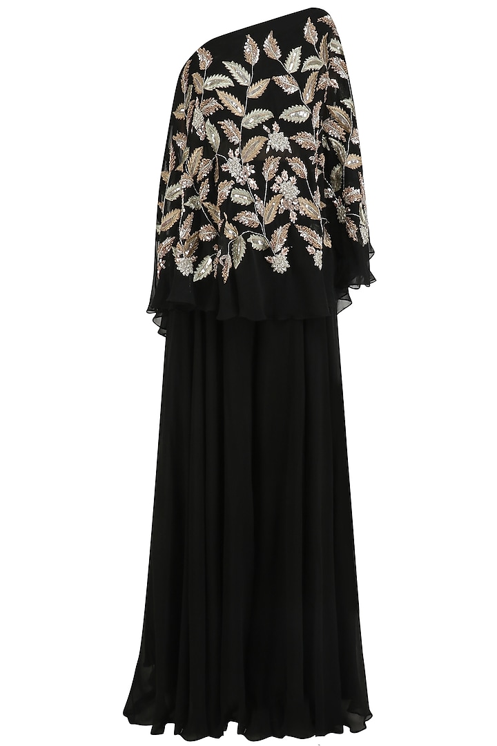 Black Leaf Embroidered One Shoulder Cape with Palazzo Pants by Mani Bhatia