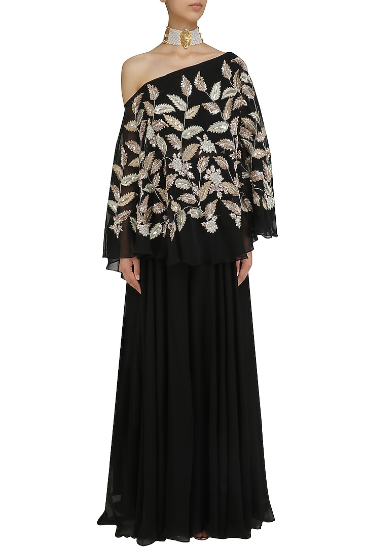 Black leaf embroidered one shoulder cape with palazzo pants available only at Pernia's Pop Up Shop.
