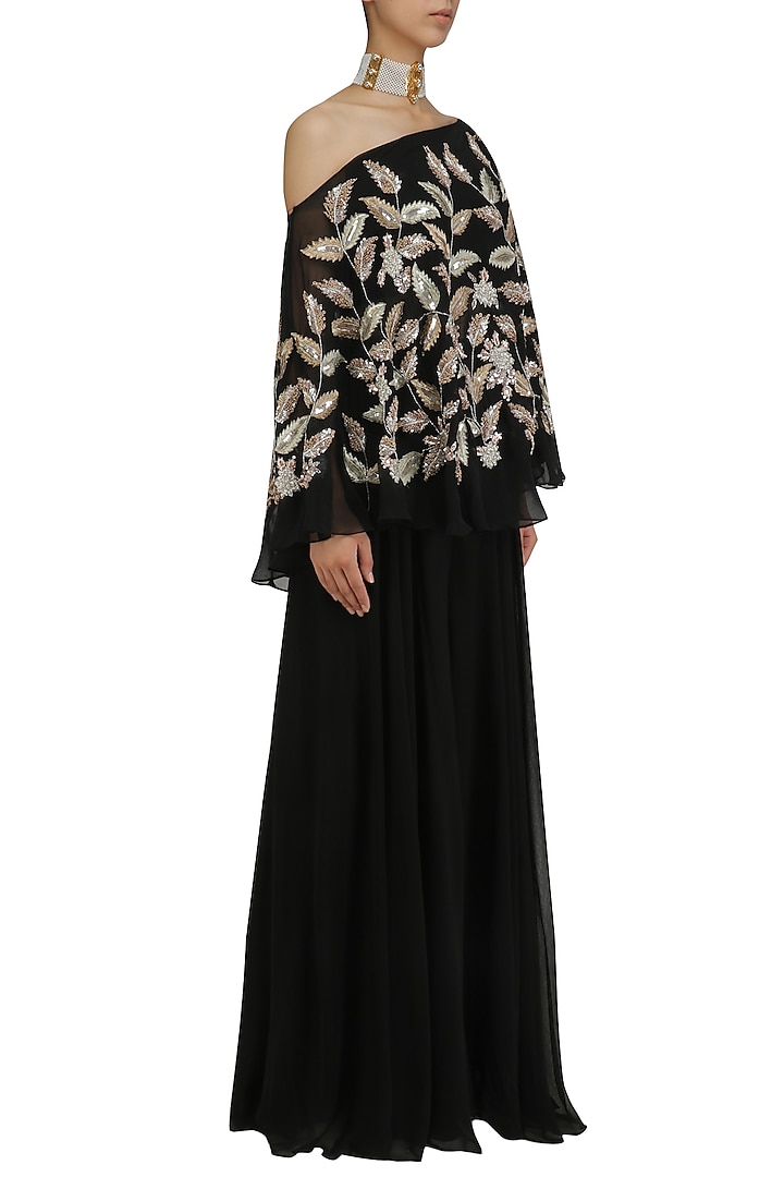 Black leaf embroidered one shoulder cape with palazzo pants available ...