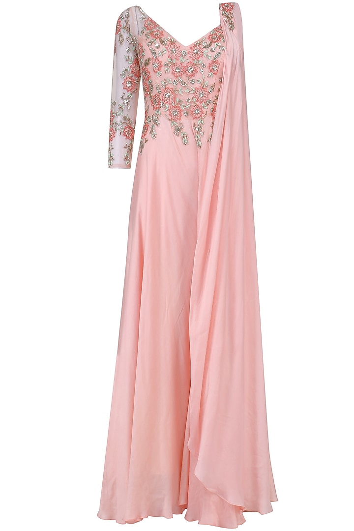 Baby Pink Floral Embroidered One Sleeved Jumpsuit by Mani Bhatia