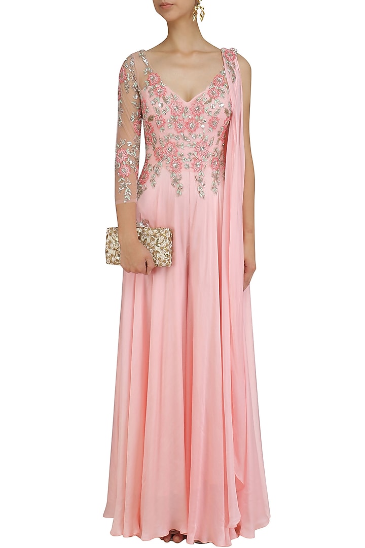 Baby pink floral embroidered one sleeved jumpsuit available only at Pernia's Pop Up Shop.