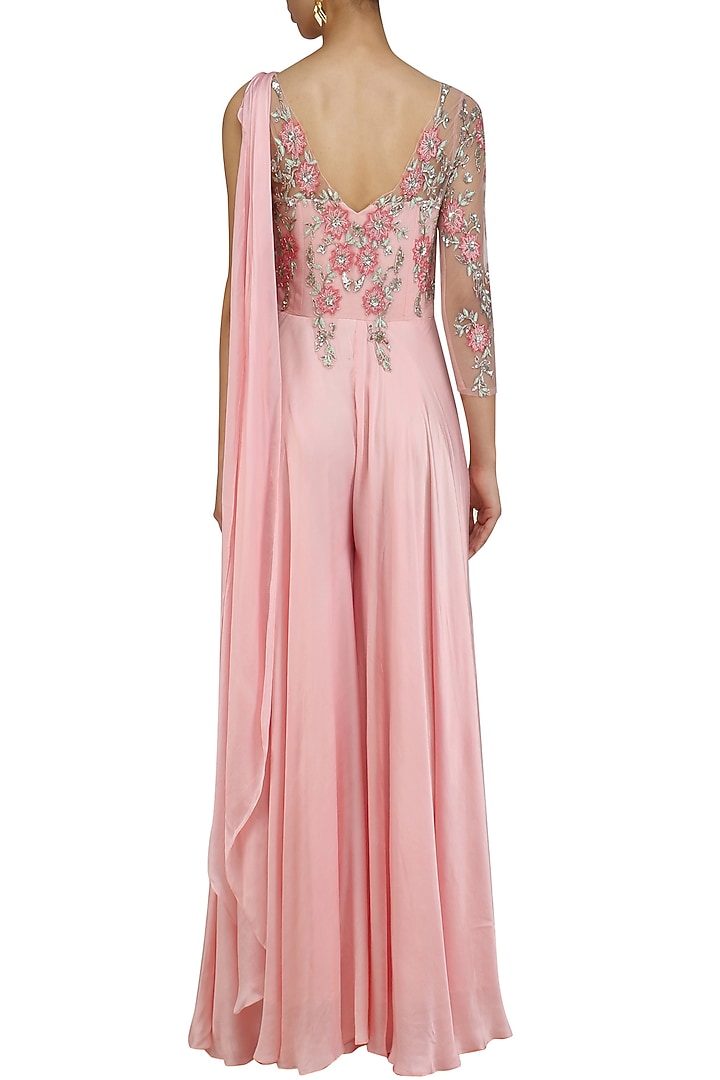 Baby pink floral embroidered one sleeved jumpsuit available only at Pernia's Pop Up Shop.