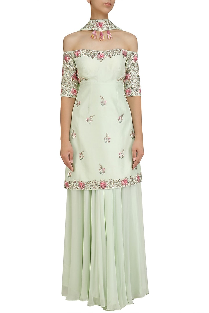 Pear green embroidered kurta and sharara pants set available only at Pernia's Pop Up Shop.